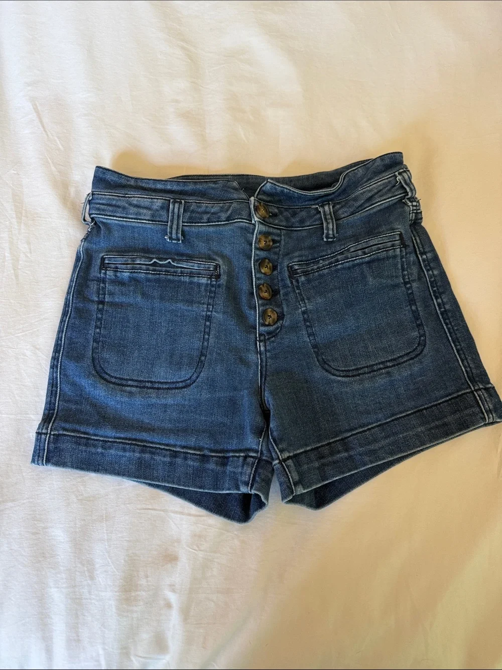Pilcro and the Letterpress Indigo High-Rise Button-Fly Denim Shorts